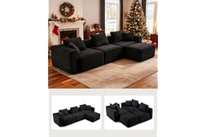 Karl home 112" Sectional Couch with Movable Ottoman, Modern Corduroy Cloud Sofa Set with Deep Seat, Convertible L-Shape Boneless Couch for Living Room, Apartment, Studio, Black
