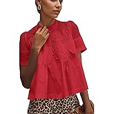 calbatic Women Lace Trim Blouse Mesh See Through Puff Short Sleeve Ruffle Pleated Shirts Mock Neck Summer Babydoll Tops
