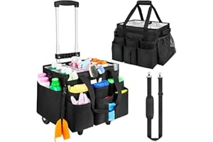 Large Rolling Cleaning Caddy Bag with Detachable Trolley,Cleaning Cart on Wheels with Shoulder Strap,Cleaning Supplies Organi