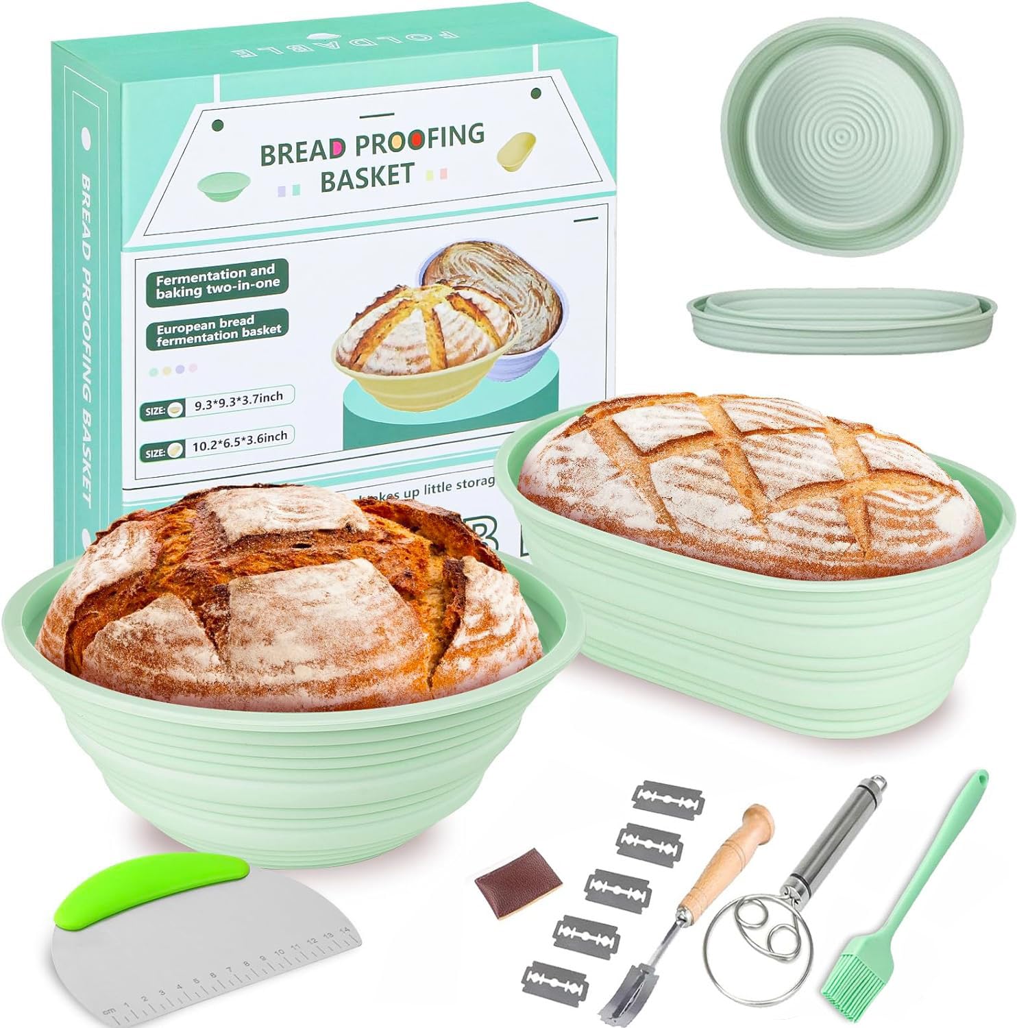 Silicone Banneton Bread Proofing Baskets, 9 Inch Round & 10 Inch Oval Foldable Sourdough Baking Basket, Complete Set for Bread Making With Essential Tools, Easy to Clean and Storage