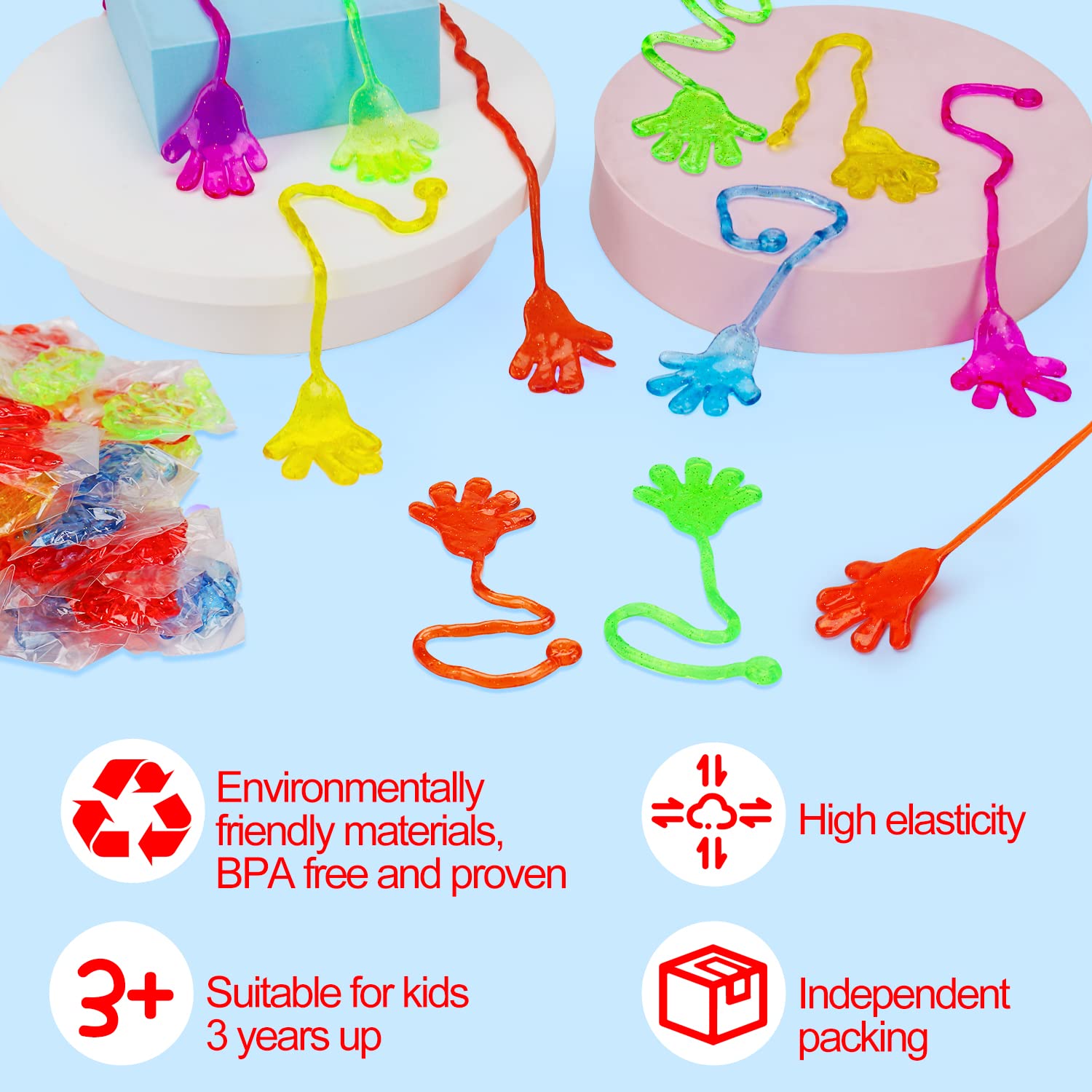 100PCS Glitter Sticky Hands Party Favors for Kids 4-8 8-12 Birthday Supplies Halloween Goodie Bag Stuffers Classroom Treasure Box Carnival Prizes Bulk Treat Trinkets Pinata Stuff Mini Stretchy Toys