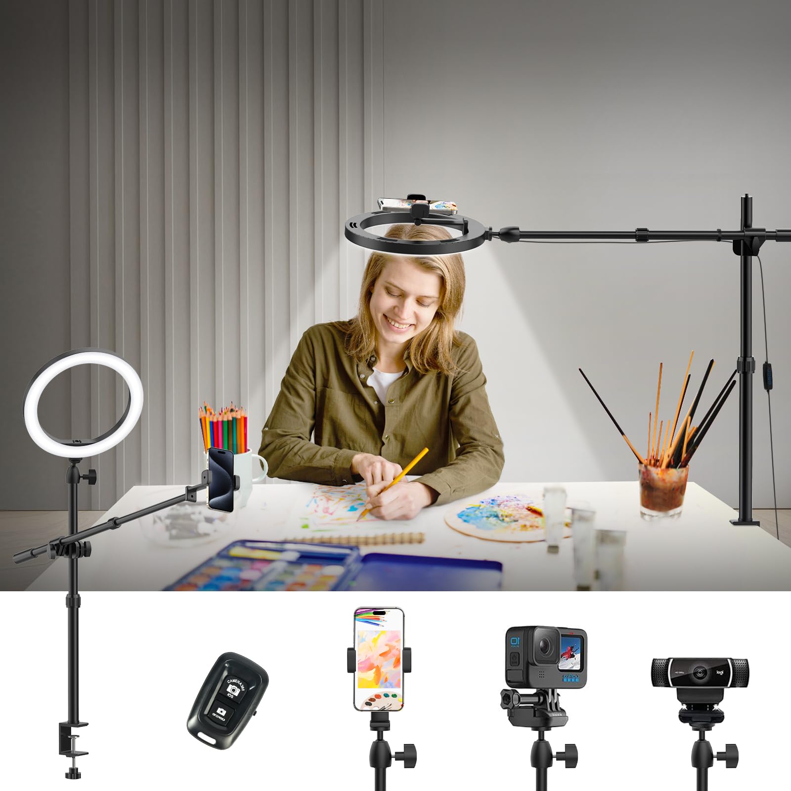 Photo 1 of Ring Light for Desk, 10" LED Ring Light with Stand and Phone Holder, Overhead Camera/Phone Mount, Stable Phone Tripod with Light for Video Recording/Live Streaming/Cooking/Content Creation