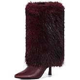 QLR 3.3-inch Kitten Heel Mid Calf Fur Boots Furry Fuzzy Fluffy Pointed Toe Boots for Women Short Boot with Side Zipper Fall Winter Snow Fold Over