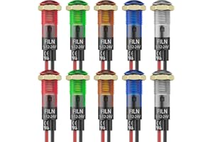 FILN 10PCS Small 12V LED Indicator Light, 8mm (5/16") IP67 Waterproof 5V-24V Low Power Pilot Lights Panel Mount for Car, Truck, Boat, Dash(Red/Green/Yellow/Blue/White Each 2PCS)