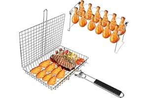 VOXPOA Grill Accessories, Grill Basket and Grill Rack, Portable Folding Stainless Steel Fish Grilling Basket with Removable Handle for Vegetables Steak, Grill Rack for Smoker Grill or Oven