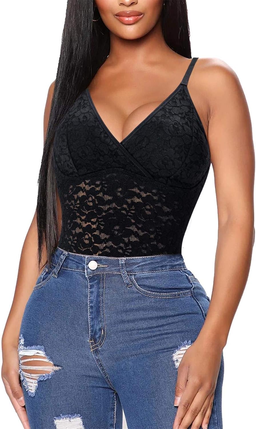 BRABIC Lace Bodysuit for Women Tummy Control Shapewear Sleeveless Tops V-Neck Backless Camisole Jumpsuit Shaper at  Women’s Clothing store