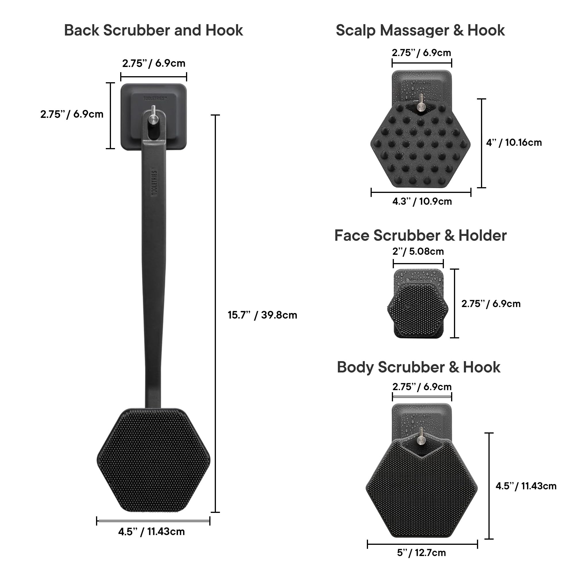 TOOLETRIES The Scrub King - Men's Silicone Body and Face Scrubber Set - Back Scrubber for Shower, Body Scrubbers, Storage Hooks, & Face Brush Holder - Shower Accessories for Men - Charcoal