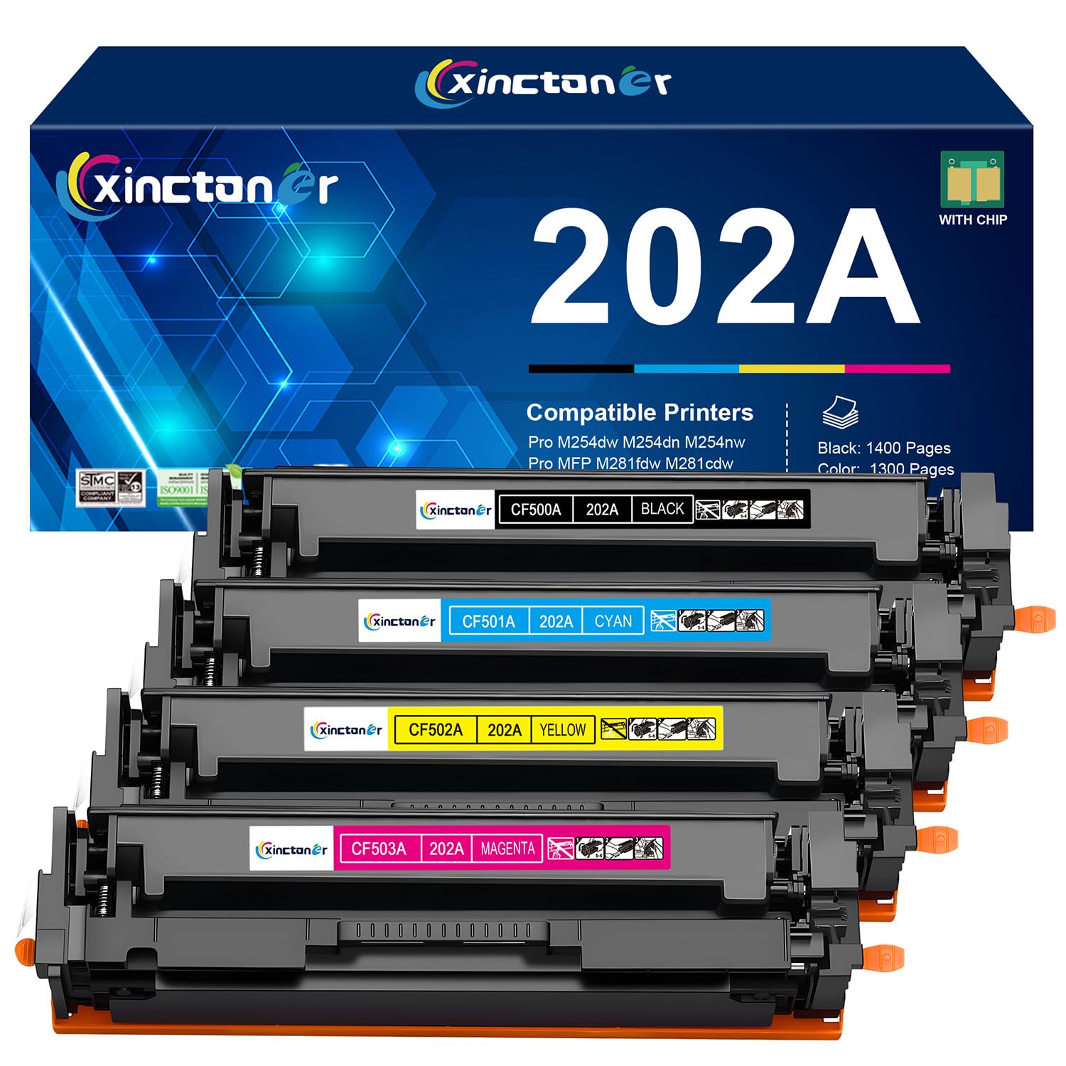 Photo 1 of 202A Toner Cartridges 4 Pack Compatible Replacement for HP 202A 202X CF500X CF500A Toner Work with Color Laser Jet Pro MFP M281fdw M281cdw M281fdn M254dw M254 M281 Printer (Black Cyan Yellow Magenta)