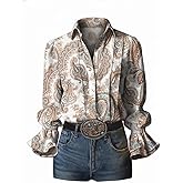 OSCORP Womens Boho Western Button Down Blouse, Long Sleeve Ruffle Cuff Pleated Loose Fit Cowgirl Paisley Print Shirt