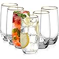 Icesip Drinking Glasses Set of 6, Crystal Tall Highball Water Glasses 13 oz Gold Rimmed Glassware Cups Drinking for Whiskey Cocktail Juice Water Beverage Mojito