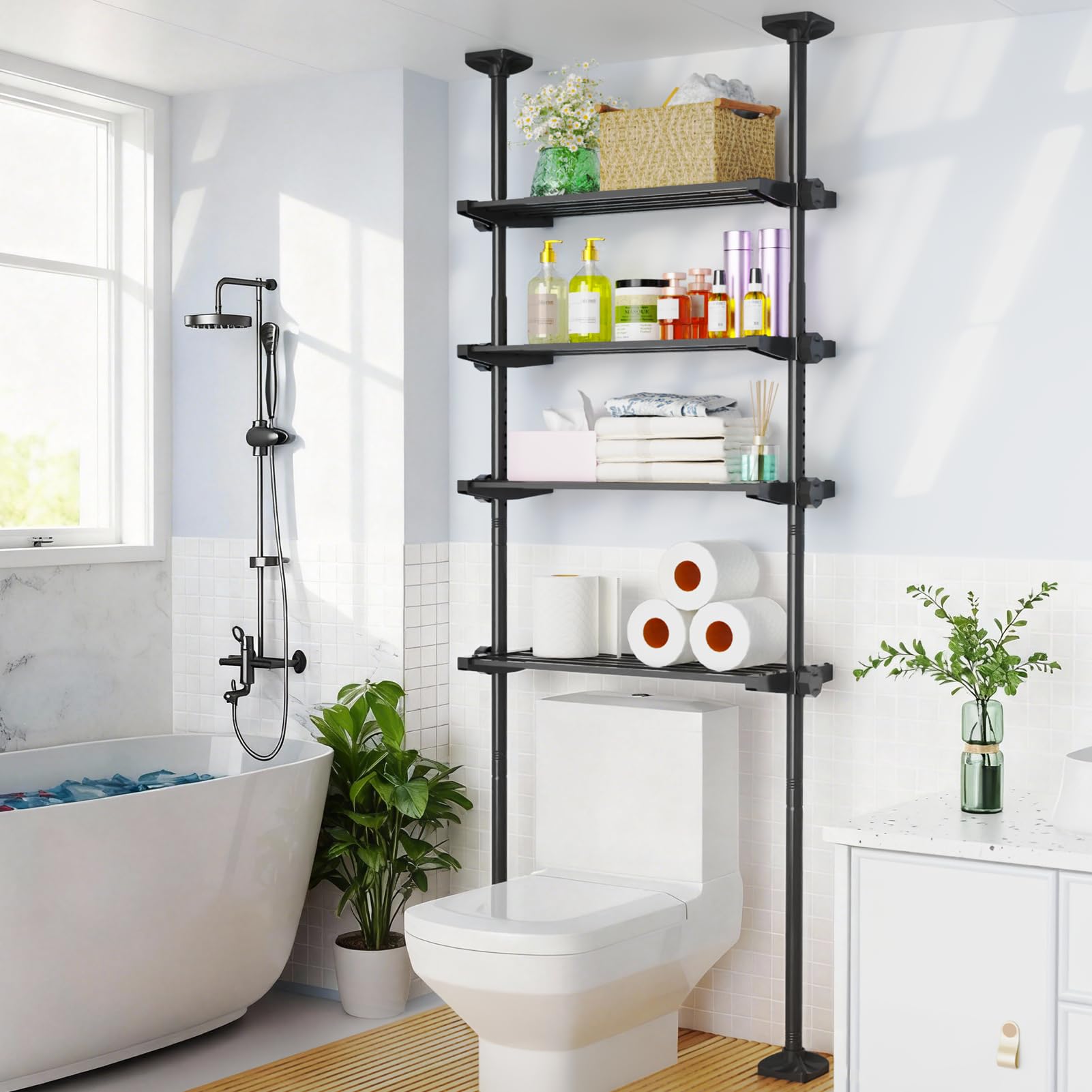 Photo 1 of SUNALLY Over The Toilet Storage Shelf, 4-Tier Adjustable Over Toilet Bathroom Organizer,Tension-Mounted Bathroom Storage Rack for Ceilings, No Drill Space-Saving Shelving for Small Rooms,Black