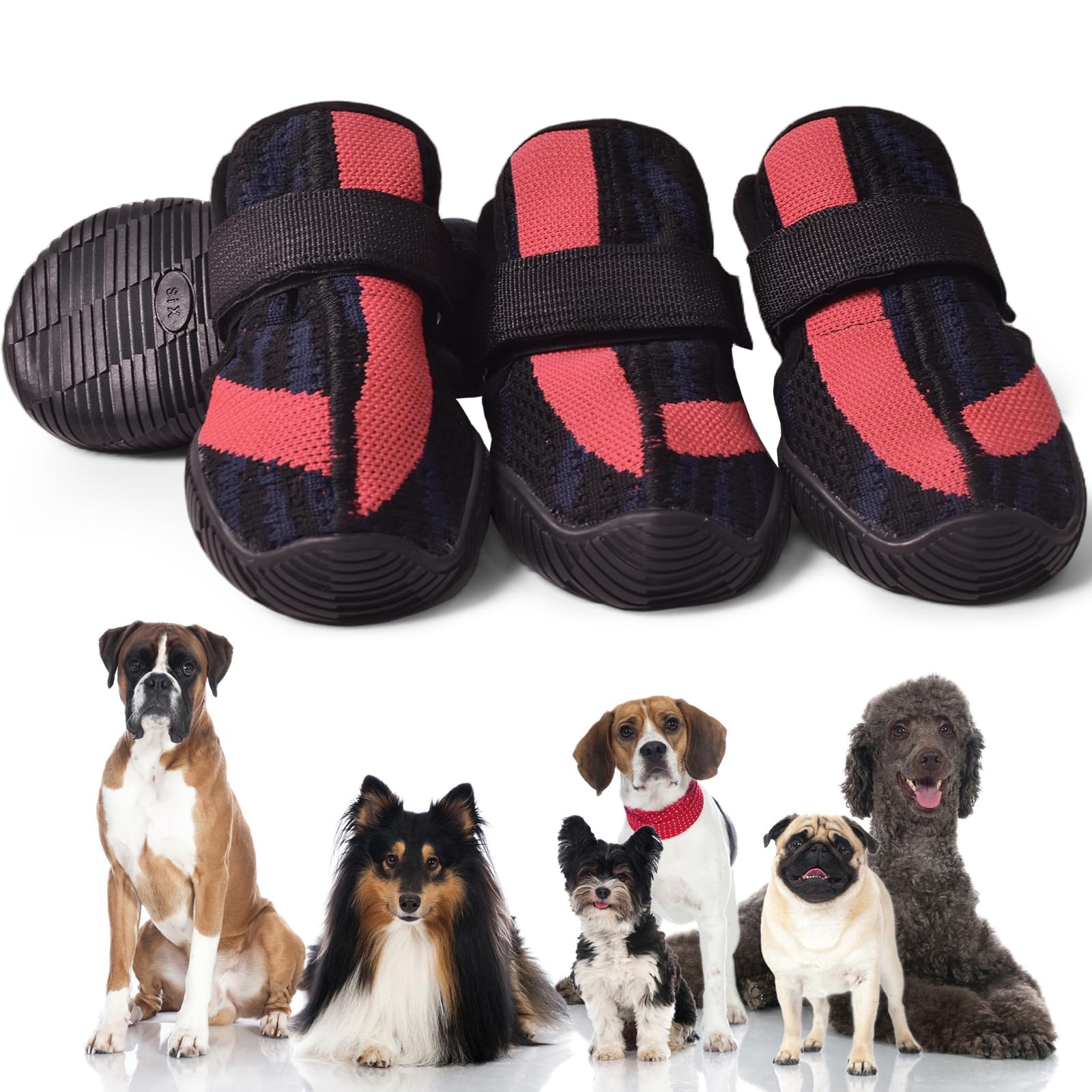Photo 1 of PETQYS Dog Shoes,Mesh Breathable Dog Boots for Walking Running Hiking,Soft Non-Slip Rugged Rubber Sole Dog Booties with Adjustable Straps 4Pcs,Black-Size6