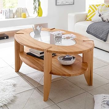 Pharao24 Ovaler Couchtisch aus Kernbuche Massivholz Glaseinsatz