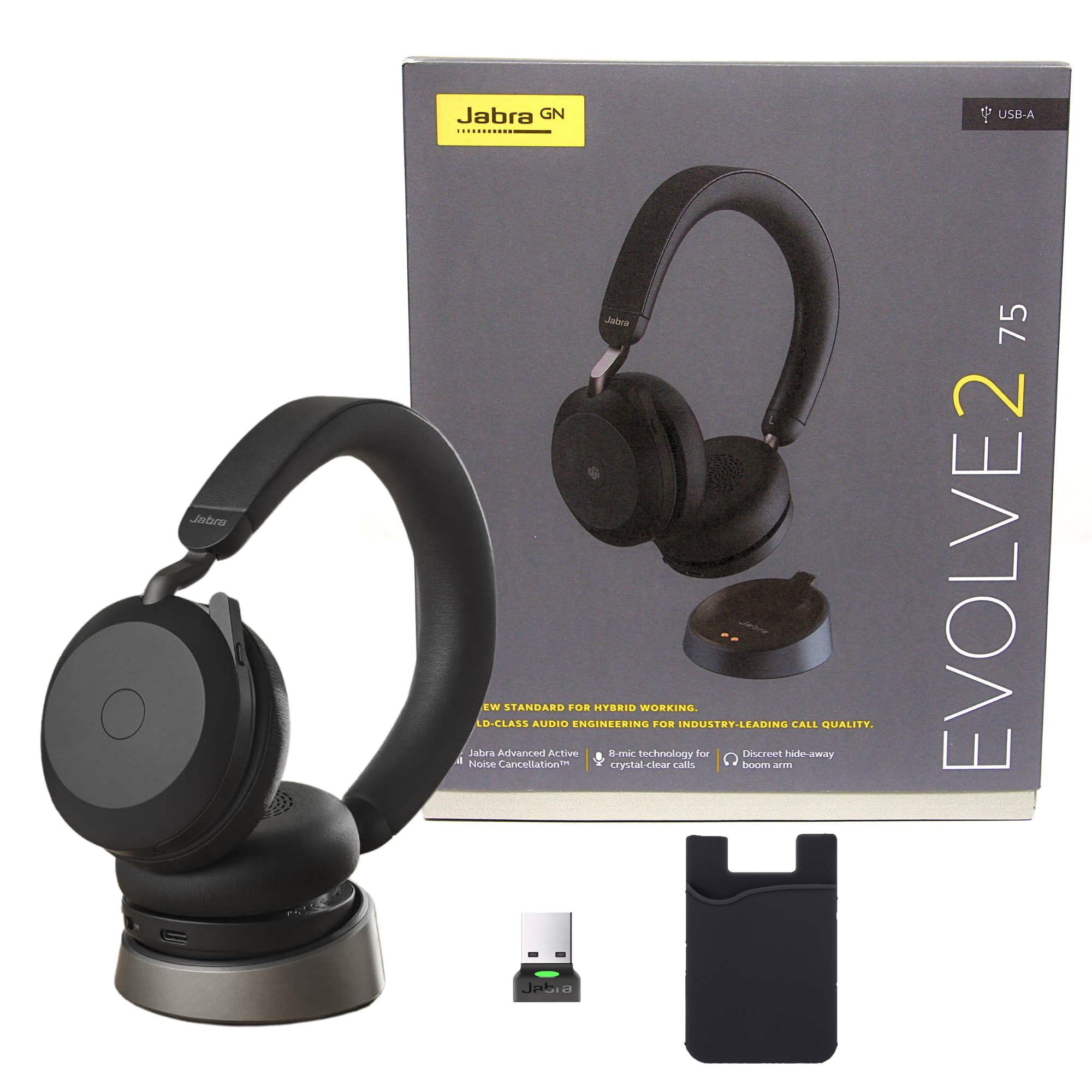 Jabra Evolve2 75 Wireless Headset Stereo UC w/Charging Headset Stand, USB Dongle, Compatible w/Zoom, RingCentral, Smartphones, Tablets, PC/MAC, 27599-989-989, w/Gold Support Plan and Mobile Wallet