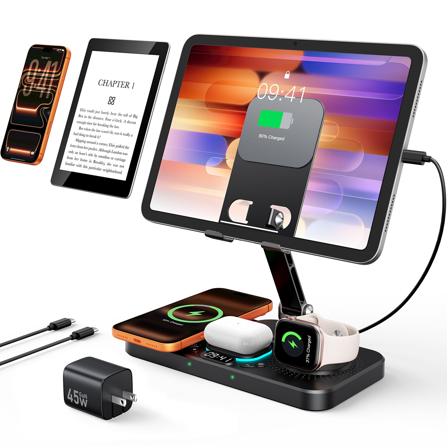 45W 6 in 1 Charging Station for Apple Multiple Devices with Clock & Light, 20W Fast Foldable Wired Charging Stand for iPad/Tab, Wireless Charger Design for MagSafe Charger for iPhone 17/iWatch/Airpods