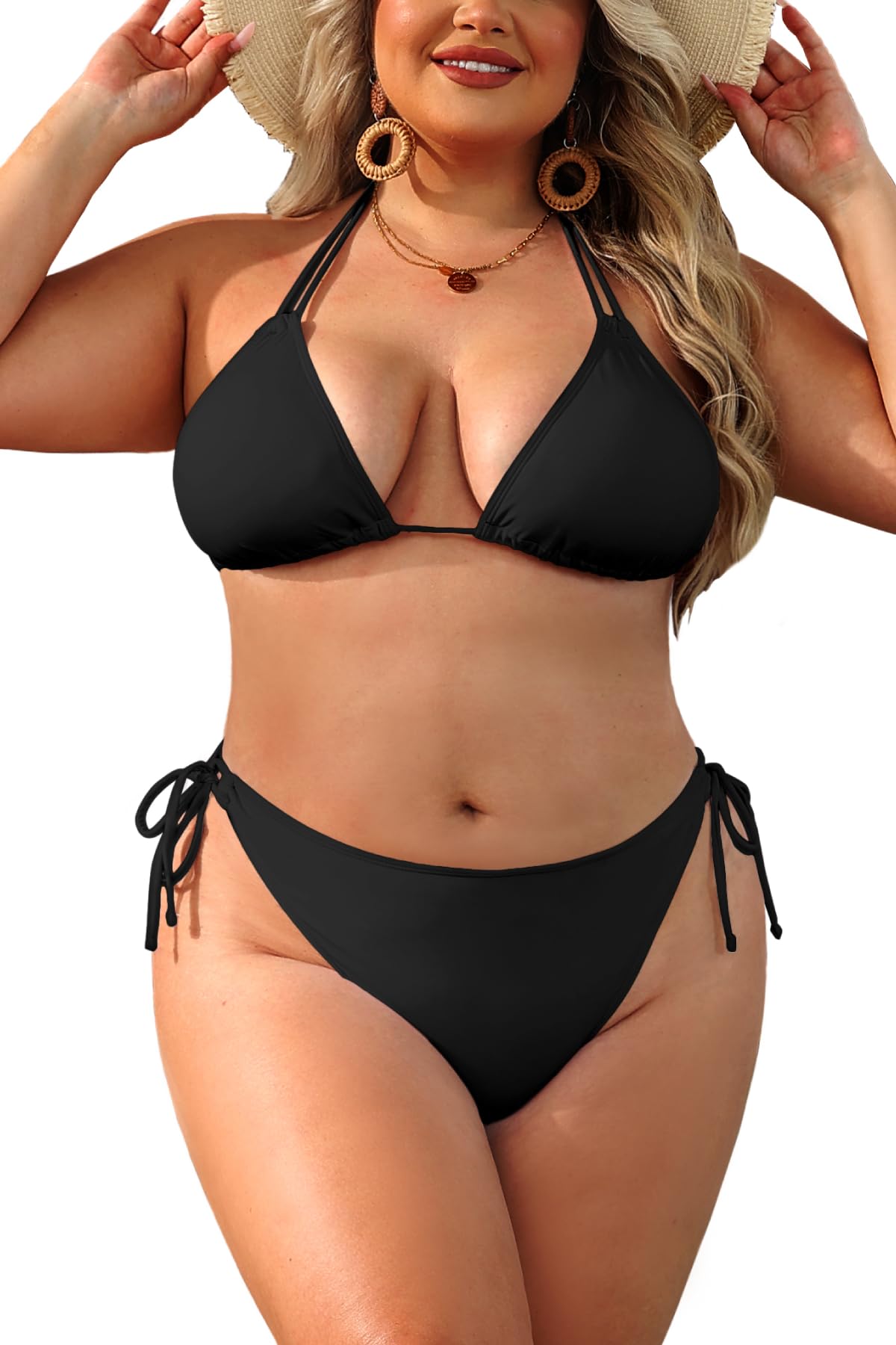 Photo 1 of Daci Women Plus Size Triangle Bikini Sets Two Piece Double Straps Halter Swimsuit Side Tie String Sexy Bathing Suits Black 16 Plus