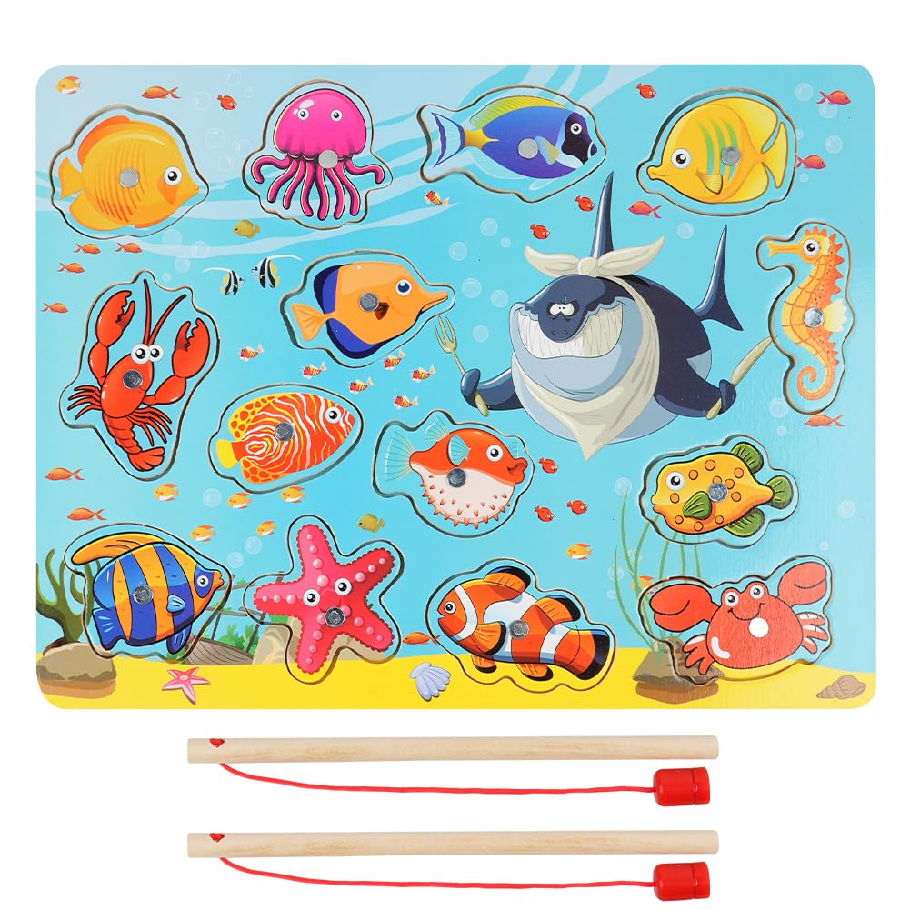Vicloon Wooden Fish Game, 14pcs Magnetic Fishing Game, Magnetic Fishing Puzzles with 2 Fish Rod Montessori Toys Sea Creatures Kids Fishing Game Educational Toys for 3 years old Toy