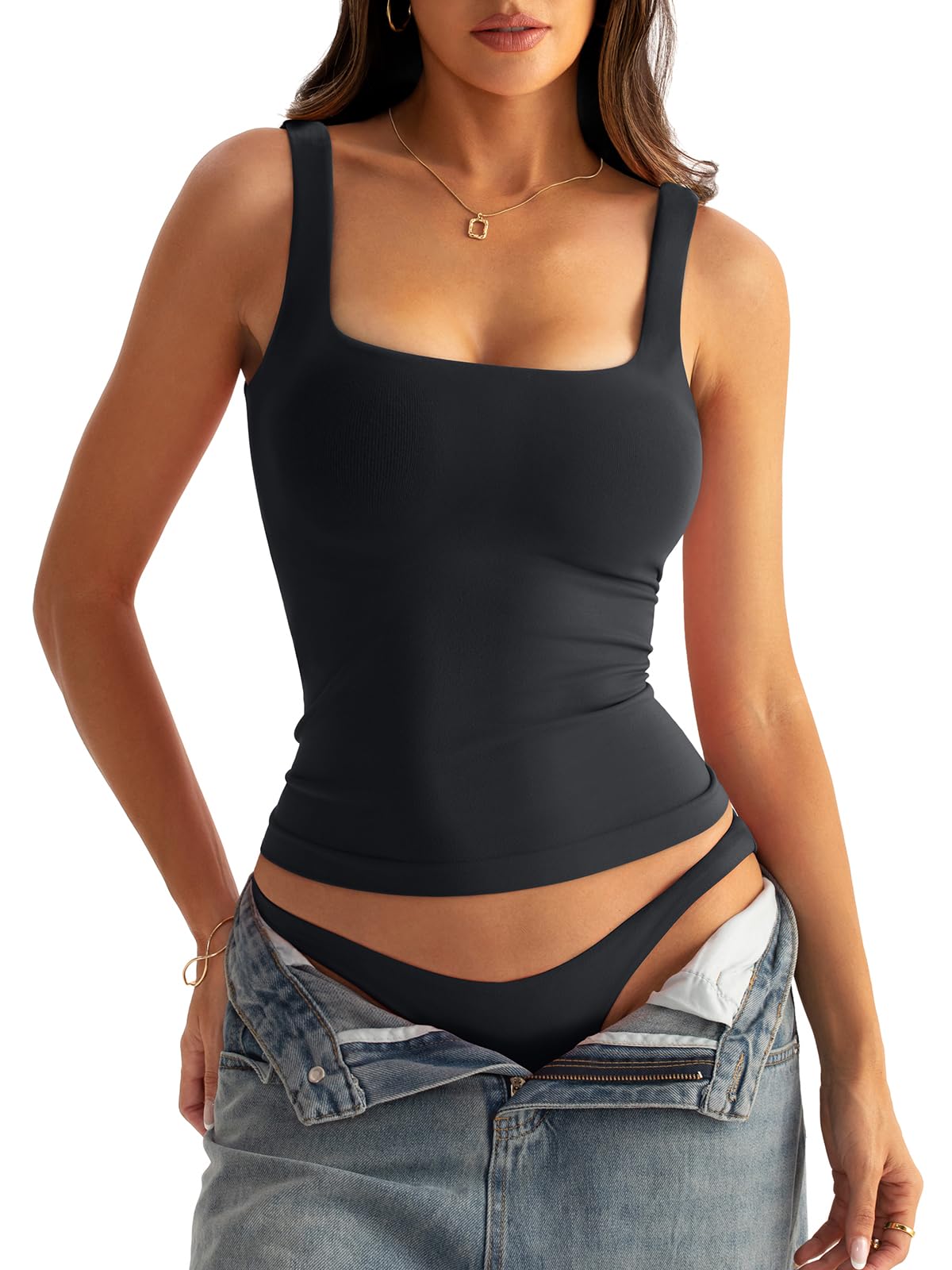 Photo 1 of Eachyes Women Square Neck Tank Tops with Shelf Bras Seamless Sleeveless Fitted Shirts Black Small