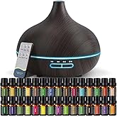 SACATR 550ml Oil Diffuser with 30x5ml Aromatherapy Grade Essential Oils | Remote Control,Timer,Colors Light,Quiet Cool Mist,For Bedroom, Living Room, Office