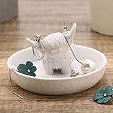 Awsaccy Highland Cow Ring Holder with Circular Dish, 3D Printed Plastic Farmhouse & Bohemian Style Cute Unique Women Gifts Stuff Ring Jewelry Plate Organizer for Bathroom Office Home Room Desk Decor