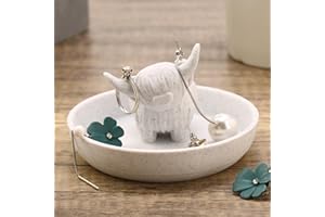Awsaccy Highland Cow Ring Holder with Circular Dish, 3D Printed Plastic Farmhouse & Bohemian Style Cute Unique Women Gifts Stuff Ring Jewelry Plate Organizer for Bathroom Office Home Room Desk Decor
