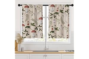 Arttown Farmhouse Kitchen Curtains 36 Inch Length Mushrooms Window Curtains Over Sink Set of 2, Berries and Leaves Short Tier Curtain for Kitchen, Vintage Small Kitchen Decor