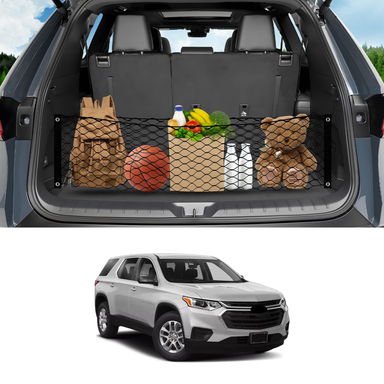 Photo 1 of Karltys Envelope Style Cargo Net for 2018-2024 2025 Chevy Traverse Accessories, Elastic Rear Trunk Mesh Cargo Net for Traverse Heavy Duty Nylon Mesh Storage Netting with Metal Hooks