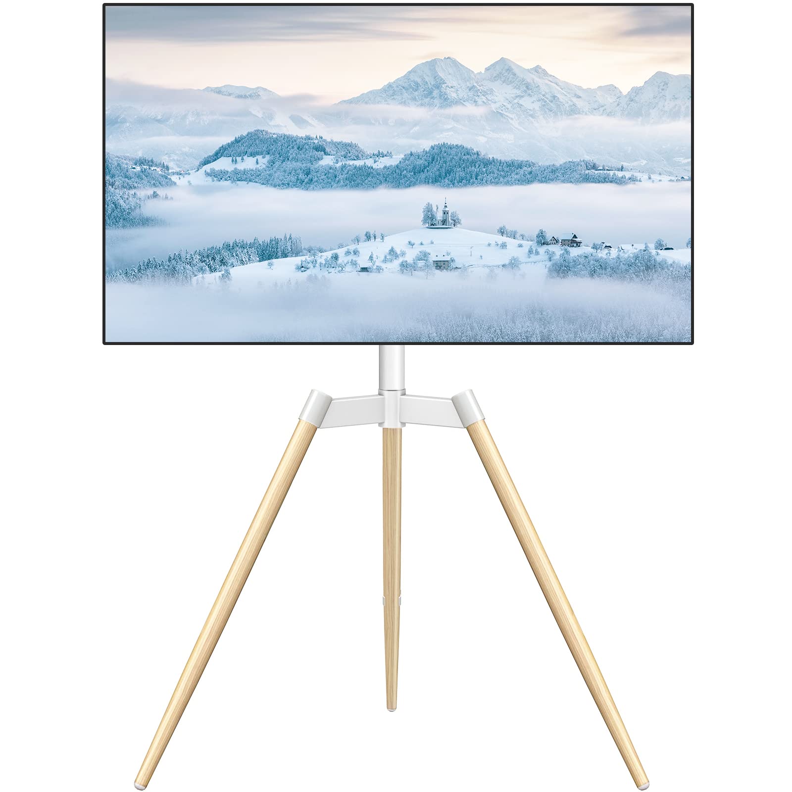 TVON Tripod Easel TV Stand for 37–65 Inch LED LCD Flat/Curved Screen TVs up to 77 lbs, Height Adjustable Corner TV Stand with Cable Management and 180° Swivel for Bedroom, Living Room, Studio, White
