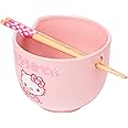 Silver Buffalo Sanrio Hello Kitty Strawberry Milk Japanese Character Ceramic Ramen Noodle Rice Bowl with Chopsticks, Microwave Safe, Pink, 20 Ounces
