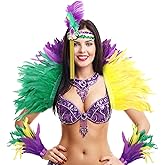 Maiteenly 4 Pcs Mardi Gras Costume Accessory Set Carnival Real Feather Wrap Fleur De Lis Headband Headpiece Sequin Fascinators Mardi Gras Feather Cape Wrist Cuffs Outfit for Women Carnival Party Favor