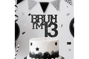 SACGUGUBER Black Glitter Bruh I'm 13 Birthday Cake Topper, Funny Happy Birthday Decorations for Boys Girls 13th Birthday Party Cake Decorations Supplies