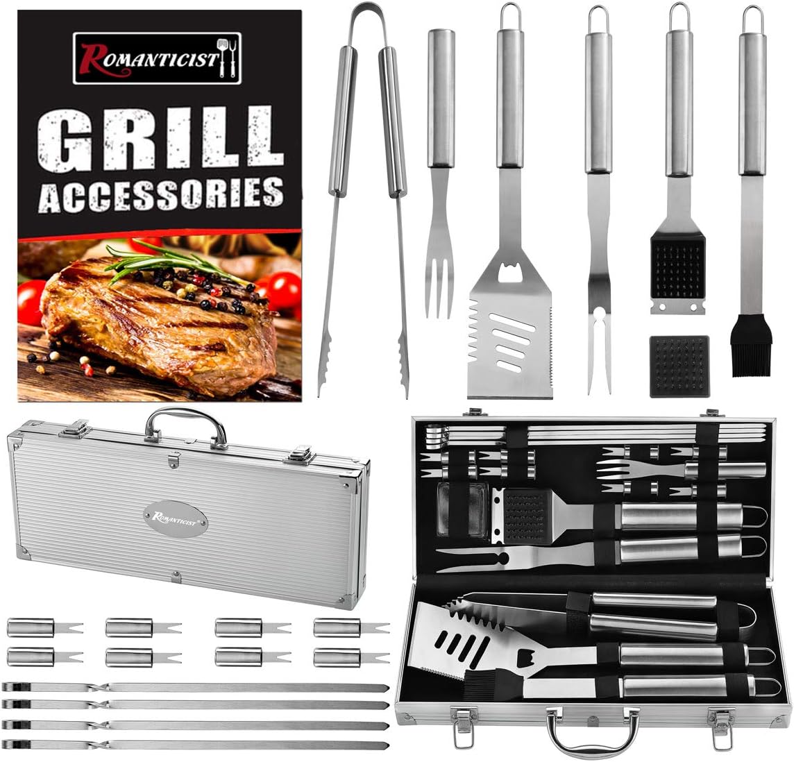 ROMANTICIST 19PC Grillbesteck im Koffer Männer - Edelstahl Grillbesteck Set - Grill Zubehör Grillset für Männer - Ideales Grillset für Herren Vatertag