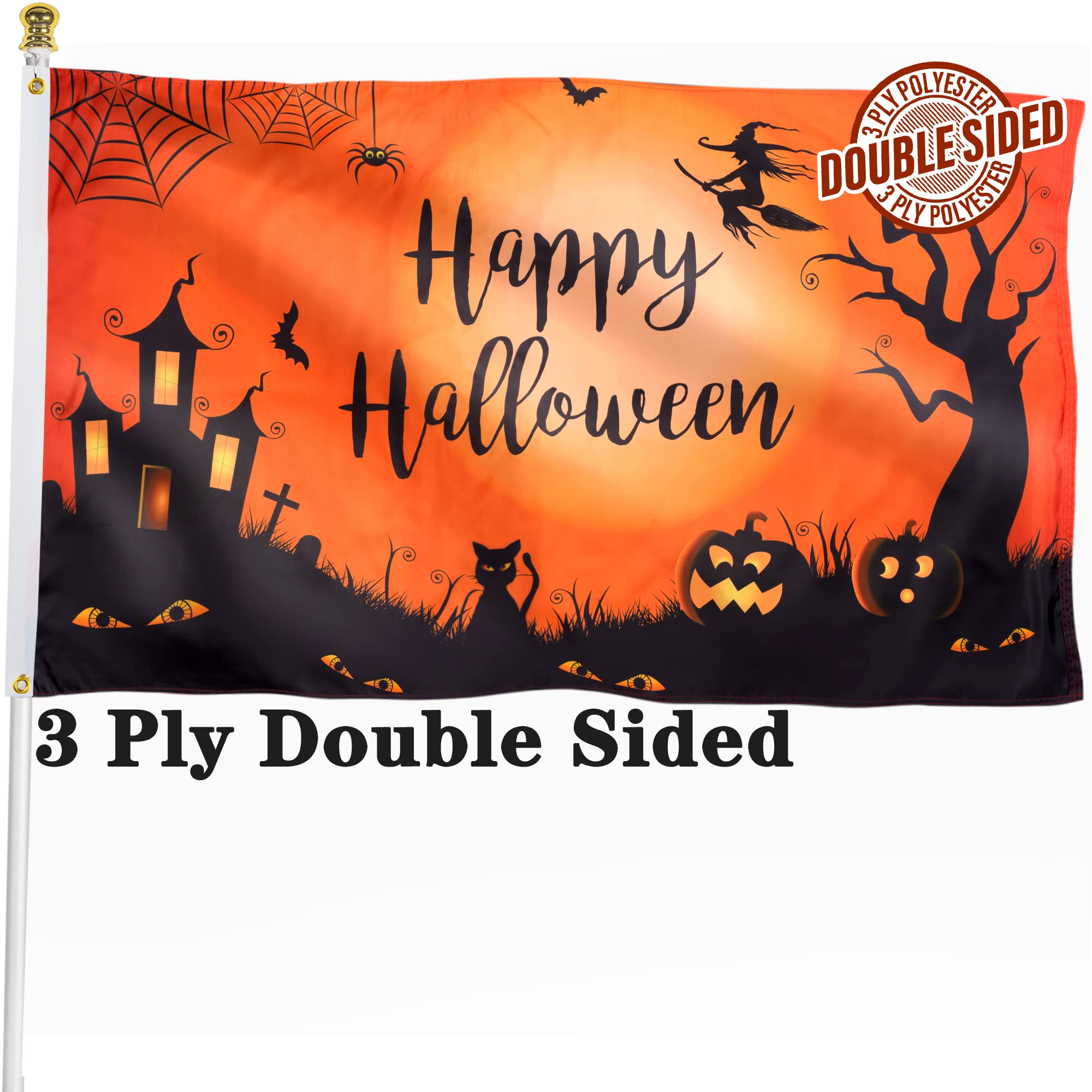 Photo 1 of XIFAN Double Sided Happy Halloween Flag 3x5 Ft Outdoor Heavy Duty 3ply Polyester Pumpkin Lantern Bat Spider Trick or Treat Banner Halloween Party Supplies Gift Wall Indoor Outdoor Decoration