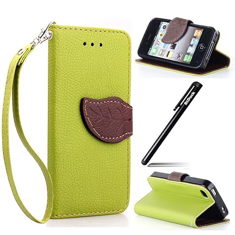 BtDuck Brieftasche Leder Hülle Grün für iPhone 4/4s,iPhone 4/4s Handyhülle, Blume PU Leder Stand Tasche Wallet Flip Cover Etu