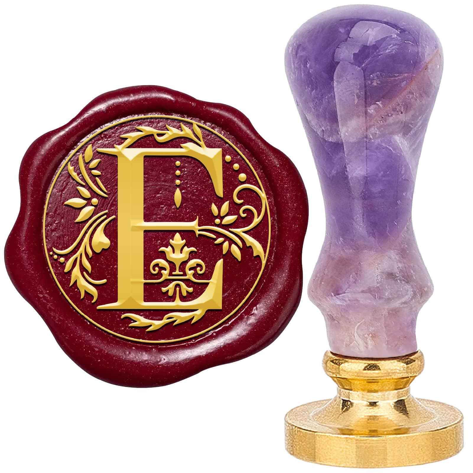 CRASPIRE Letter E Wax Seal Stamp Retro Alphabet Initials Sealing Wax Stamp Vintage 26 Letters A-Z 25mm Removable Brass Head with Amethyst Handle for Wedding Anniversary Invitation Gift Decoration