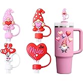 Amreich Valentines Day Straw Toppers - 4PCs 10mm Silicone Straw Cover Compatible with Stanley Cup - Cute Heart Straw Accessories with Storage Box