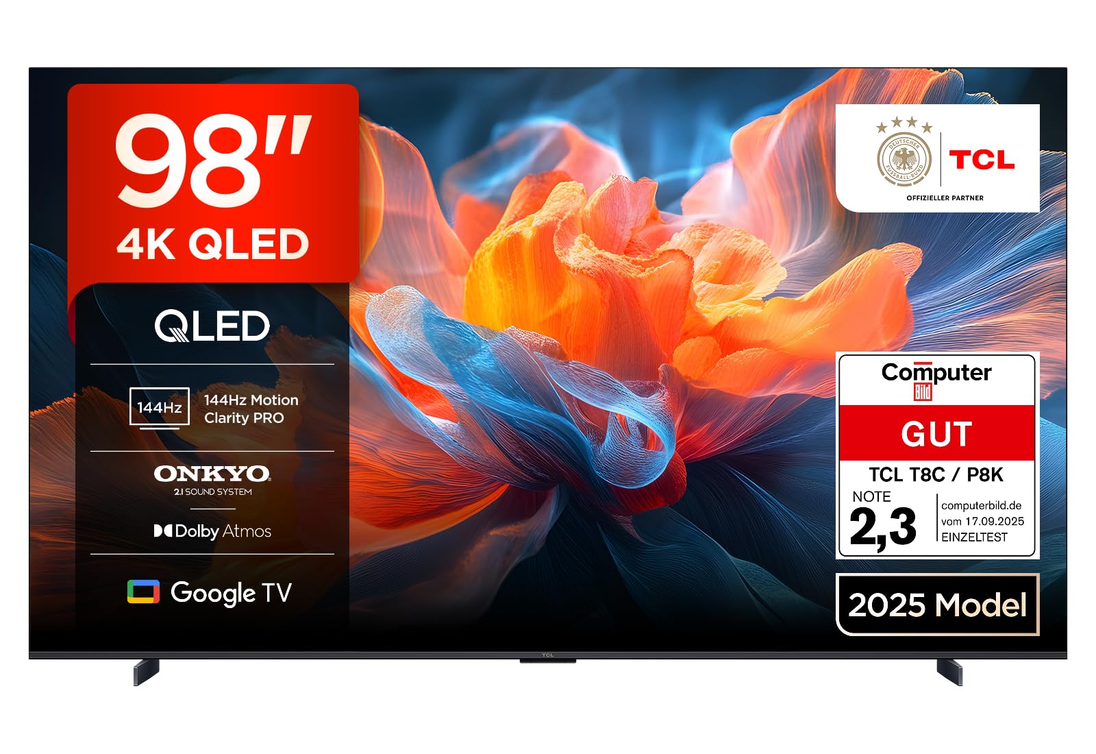 TCL 98T8C 98 Zoll QLED 4K HDR Ultra HD Fernseher, Smart TV mithilfe von Google TV (Dolby Vision Atmos, 144Hz Motion Clarity Pro, Game Bar, ALLM, FreeSync, Onkyo 2.1 Sound,Sprachsteuerung)