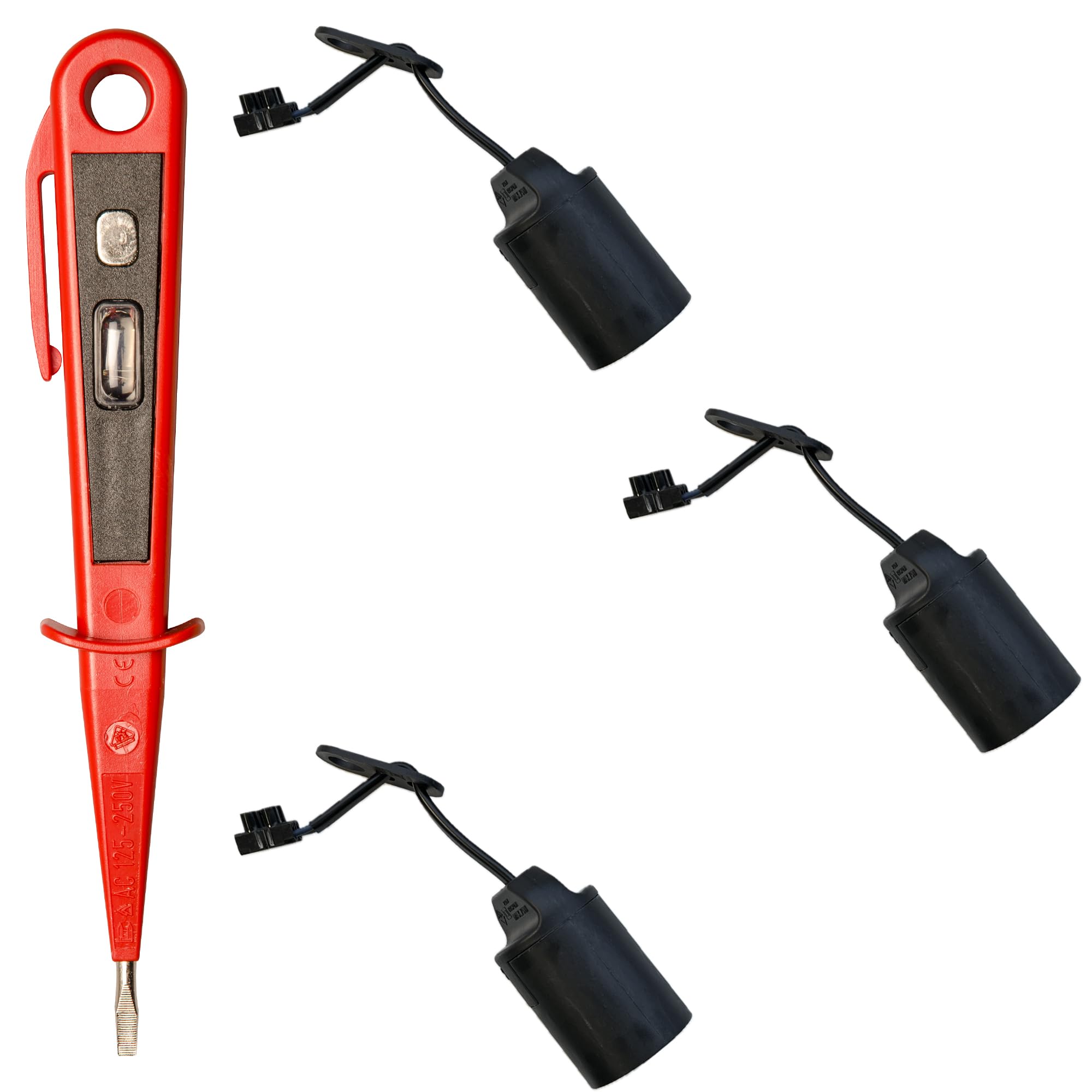 H+H Werkzeug LF3 + 45300 Set of 3 E27 + 1 x VDE Voltage Tester/Phase Tester (Socket Lamp Holder Renovation Socket Construction Site Socket) Red/Black, 20 cm