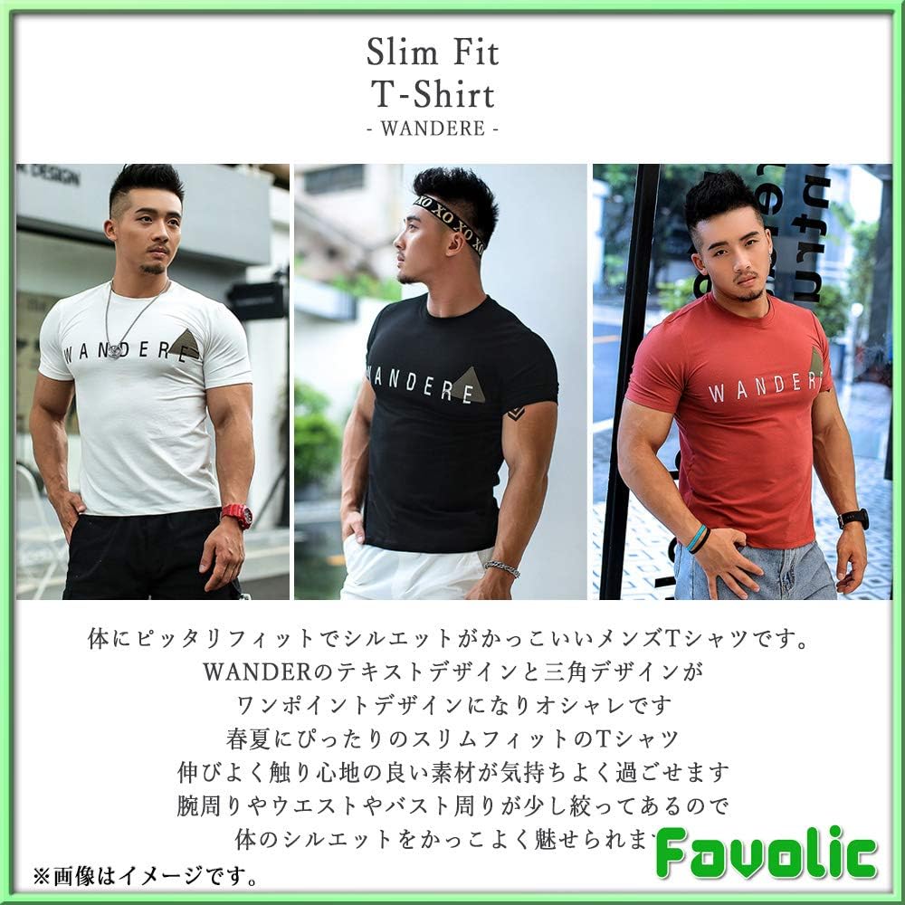 Amazon テキスト Tシャツ ワンダー スリムフィット 半袖 トライアングル ちびt ピタt メンズ マッチョ ラグジュアリー トレーニング 父の日 スポーツ Gtline Favolic ファボリック L Black Tシャツ カットソー 通販