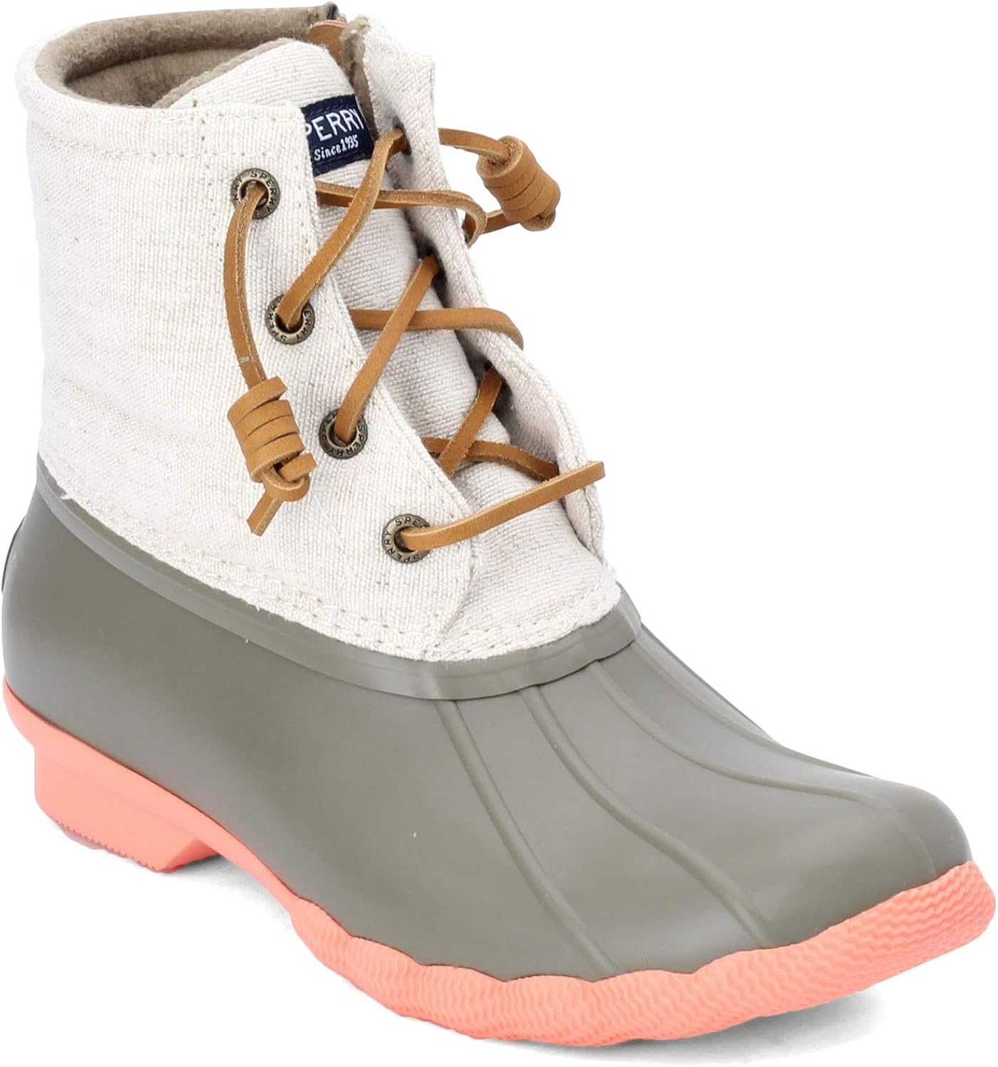 taupe and coral sperry duck boots
