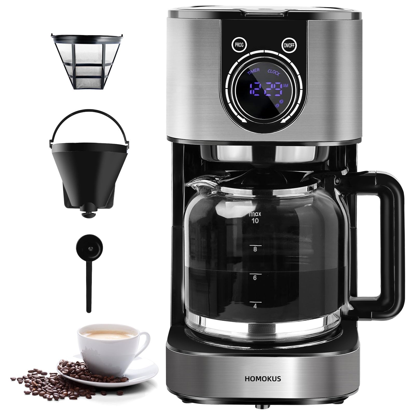 Photo 1 of Homtone 10 Cup Programmable Coffee Maker, Drip Coffee Maker with LCD Screen, Glass Carafe, Warming Plate, Auto Shut Off, Regular & Strong Brew for Home and Office, Stainless Steel
