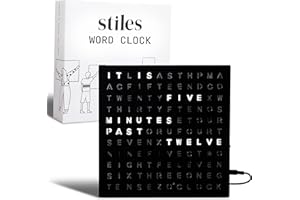 Stiles Word Clock, 8" by 8" Modern LED Desk Clock with USB Cable, Aluminum, Unique with Words, Contemporary, Living Room, Bedroom, Home, or Office Lightup Decor, Gift Item, Black