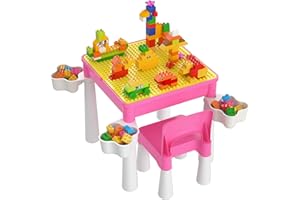 burgkidz Kids 5-in-1 Multi Activity Table Set - Building Block Table with Storage - Play Table Includes 1 Chair and 130 Pieces Compatible Large Bricks Building Blocks for Ages 2 and Up (Pink)