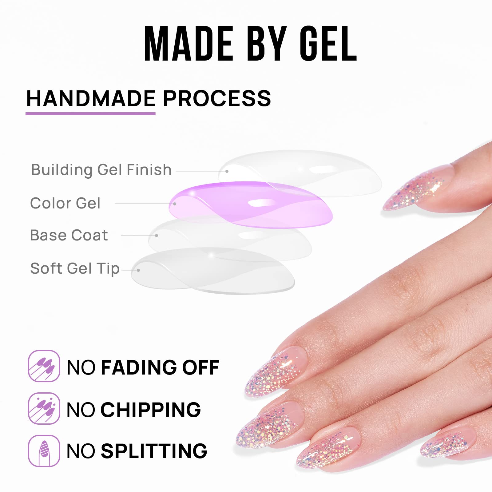 BTArtbox Press On Nails Medium- Christmas Supremely Fit & Natural Soft Gel Glue On Nails with Nail Glue, Reusable Stick On Nails in 15 Sizes - 30 Fake Nails Kit, Pink Sparkle - Image 4
