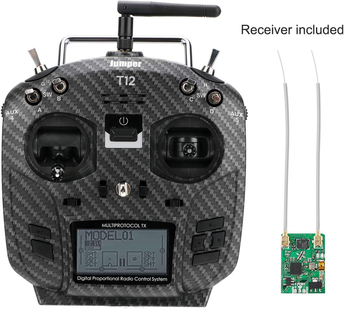 Jumper T12 Pro Radio Transmitter Hall Gimbals 2.4G 12CH Open Source Multi-protocol RC Transmitter JP4-in-1 RF Module 2.4G 12CH 1.7inch LCD Transmitter with R1F Receiver(Mode 2 Left Hand Throttle)