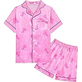 Nidoul Girls Pajamas Satin Short Sleeve Button Down Silky Pjs Girls' Sleepwear Set for Toddler Kids 3T-10Y