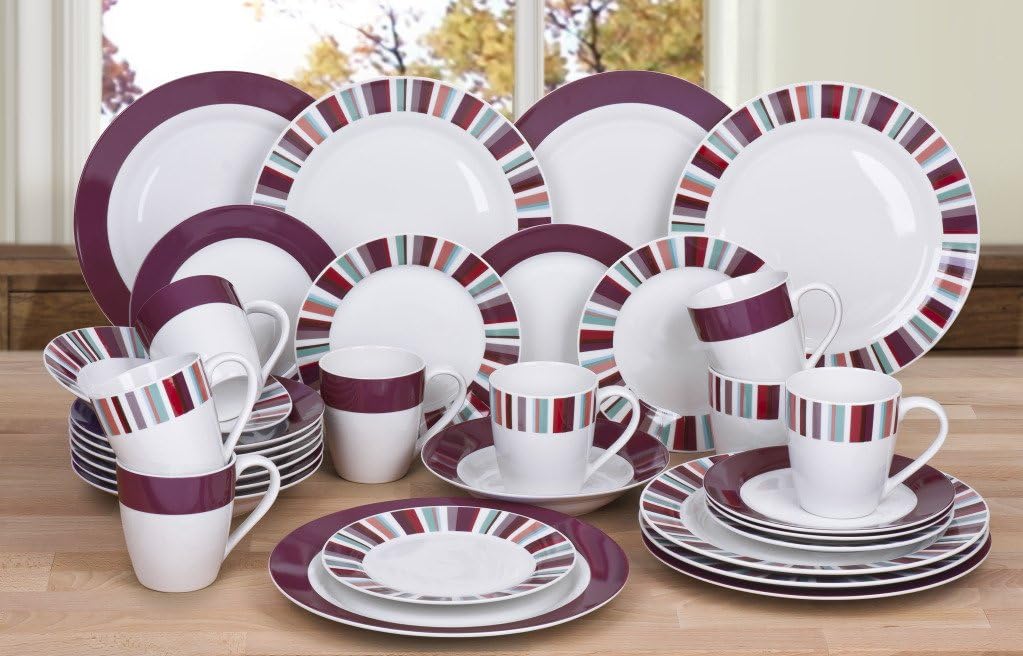 32 Piece Stripe Mix and Match Dinner Set Aubergine Band and MultiColoured Amazon.co.uk