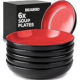 MIAMIO – 30 Oz / 8.6 Inch Set of 6 Pasta Bowls/Salad Bowls, Pasta Plates Wide and Shallow Bowl, Large Ceramic Stoneware Deep Plate Serving Soup - Le Papillon Collection (Red)
