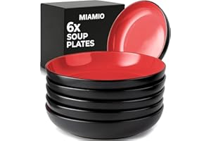 MIAMIO – 900 ml / 22 cm Set of 6 Pasta Bowls/Salad Bowls, Pasta Plates Wide and Shallow Bowl, Large Ceramic Stoneware Deep Pl
