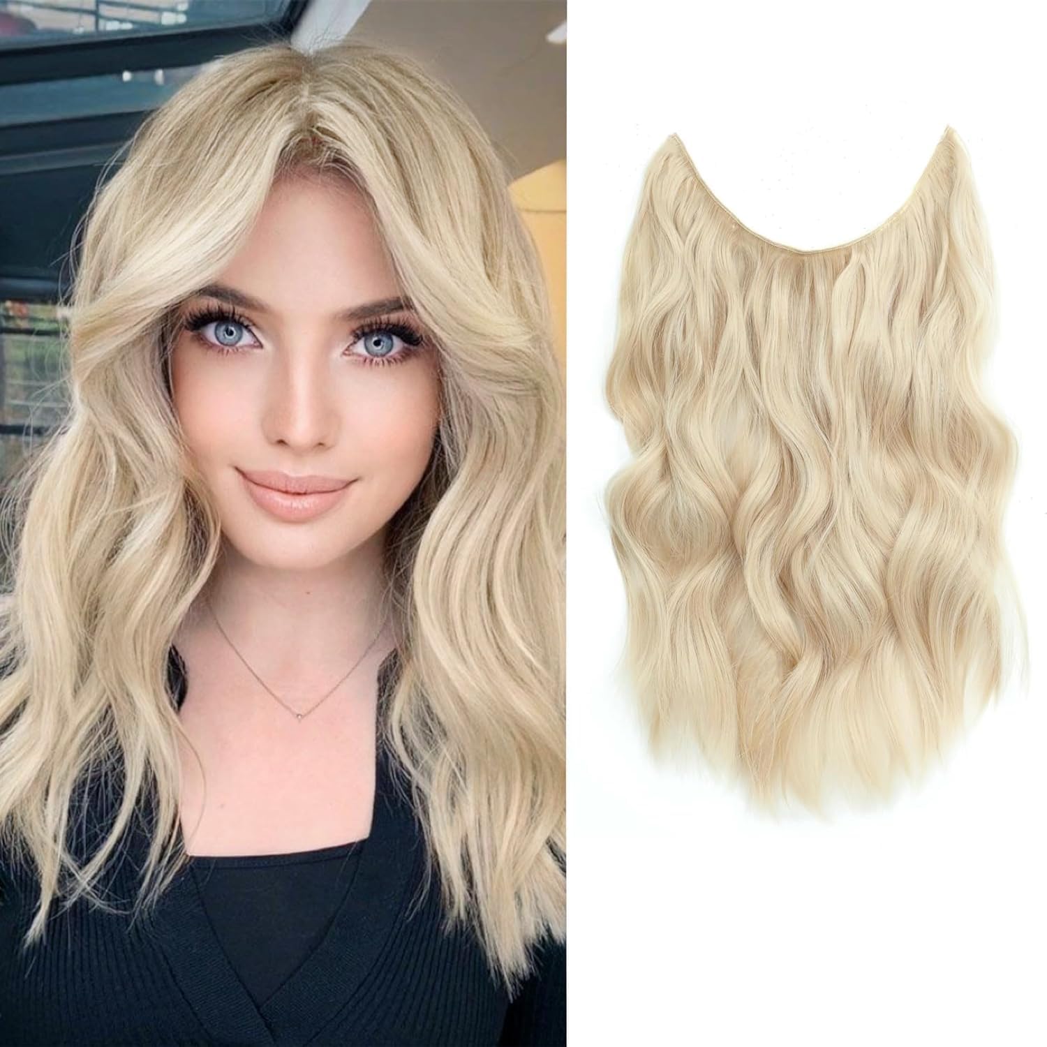 Ms TAj Bleach Blonde Halo Hair Extensions 12 inch with Adjustable Size Removable Clips Synthetic Short Secret Invisible Hair Extension One Piece Curly Hair Pieces for Women — image 1